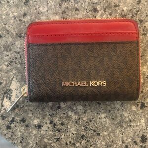 Michael Kors Brown and Red Logo Zip Card Case